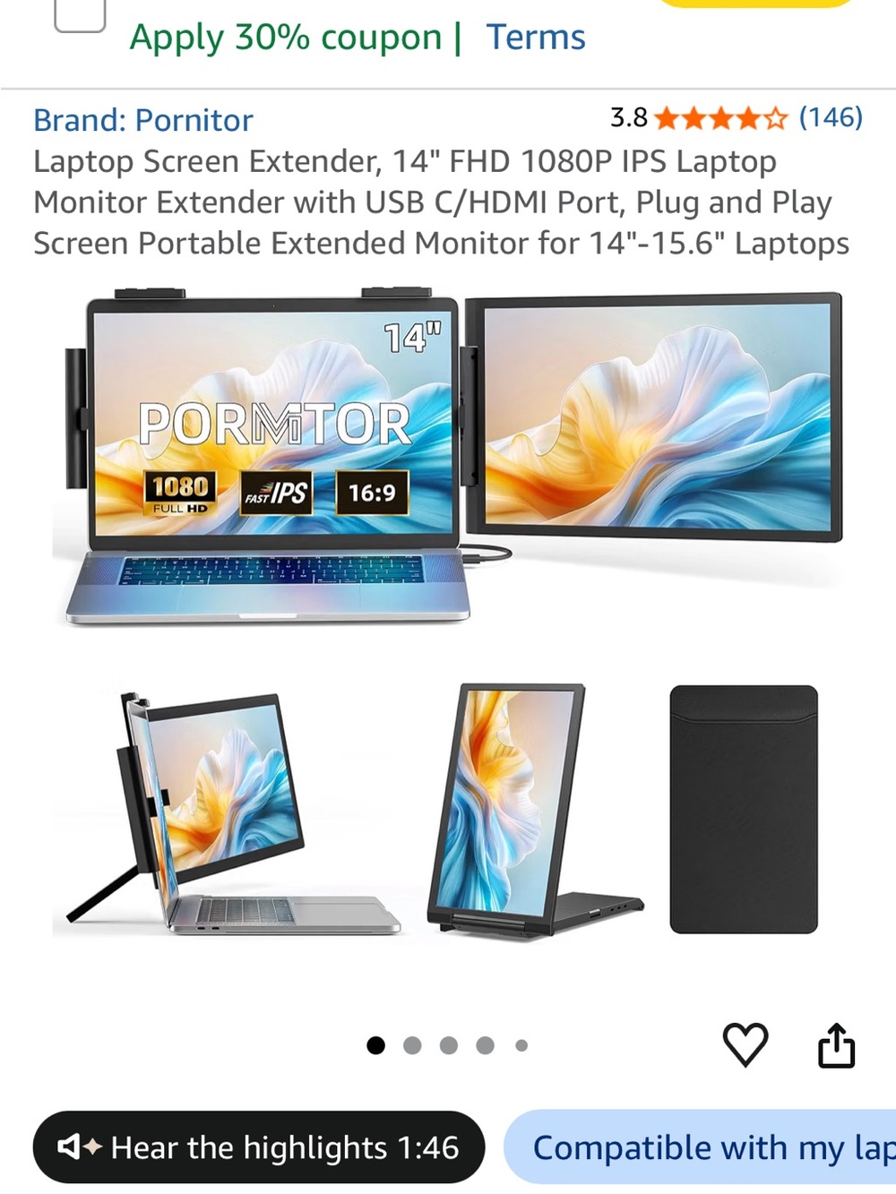 14" Portable Laptop Monitor Extender - Black -